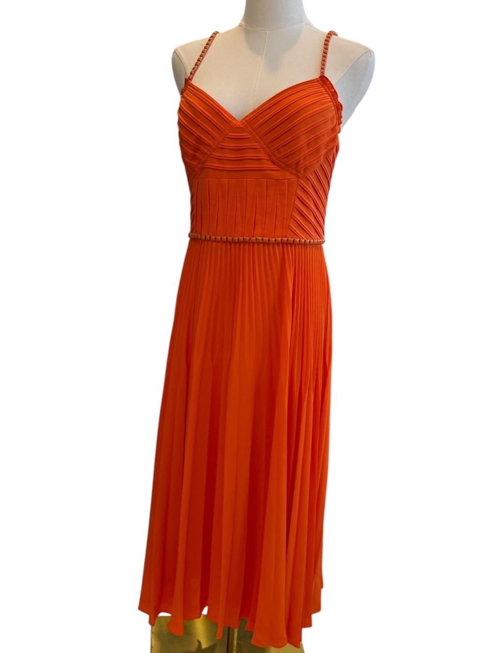 Karen Millen Vibrant Orange Pleated Midi Dress with Braided Trim